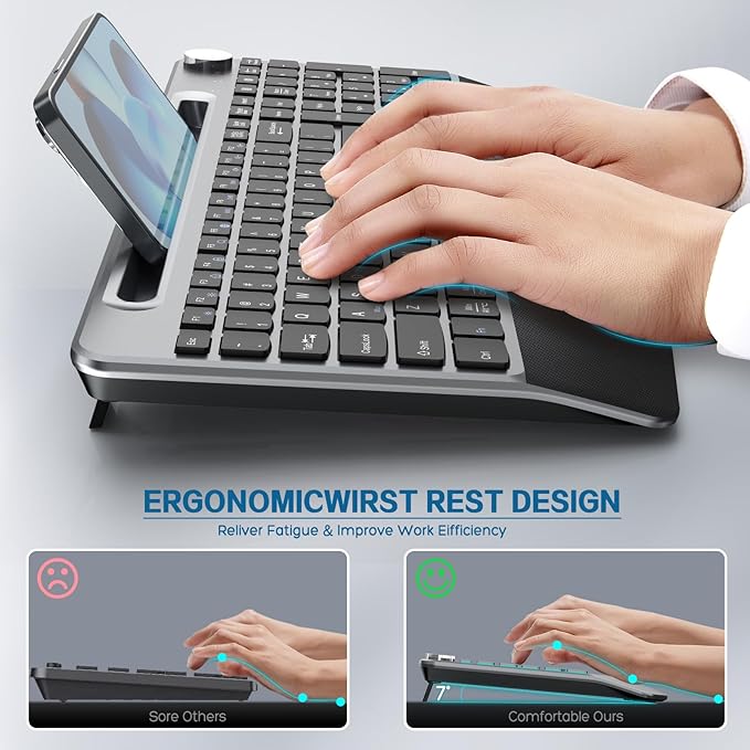 JOYACCESS Ergonomic Wireless Keyboard with Wrist Rest, Low-Profile,Phone Holder,2.4GHz Full Size Silent Cordless USB Computer Keyboard for Windows, Mac OS Desktop/Laptop/PC-Black Grey-DeskLoop Office