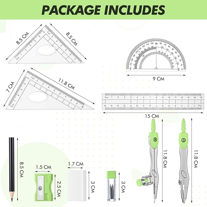 Zonon Math Geometry Set 10 Pcs Student Supplies with Shatterproof Storage Box, Includes Rulers Protractor Compass Pencil Sharpener Lead Refills Eraser Pencil for Drafting and Drawings(Green)-DeskLoop Office