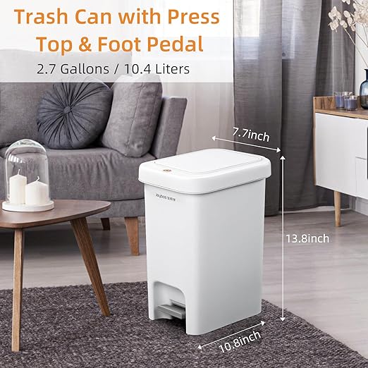 MOPALL Small Bathroom Trash Can with Lid Soft Close, Garbage Can with Press Top Lid & Foot Pedal, Step Trashcan Slim Trash Bin Waste Basket for Toilet, Office, Bedroom, Kitchen, Living Room 2.7 Gallon-DeskLoop Office