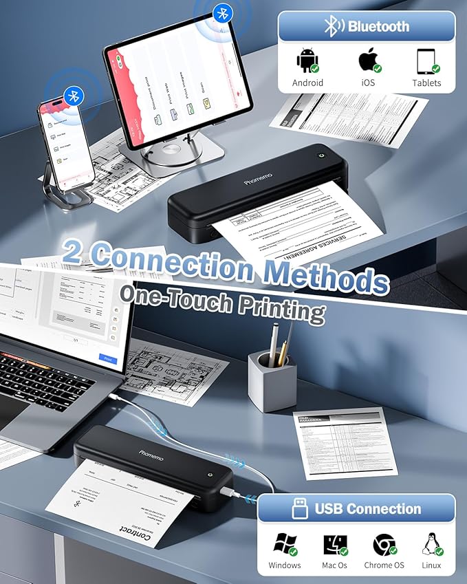 Phomemo M834 Portable Printer Wireless for Travel Upgraded, Bluetooth Thermal Printer 8.5" x 11"&A4, Compatible with iOS,Android & PC,Inkless Mobile Printers for Travel,Office,School,Home,Black-DeskLoop Office