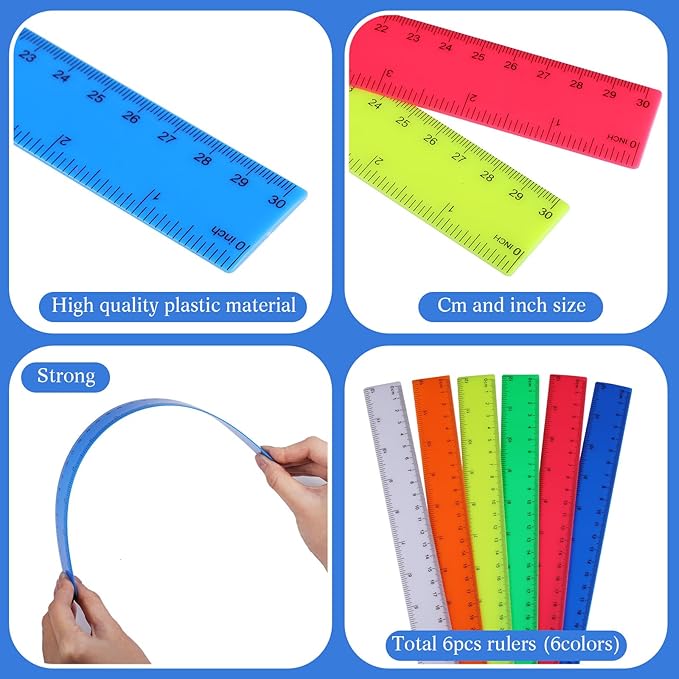 Zonon 6 Pcs 12 Inch Ruler Bulk Colorful Plastic Flexible Straight Metric Rulers with Centimeters and Inches Drafting Measuring Tool for Classroom School Students Education-DeskLoop Office