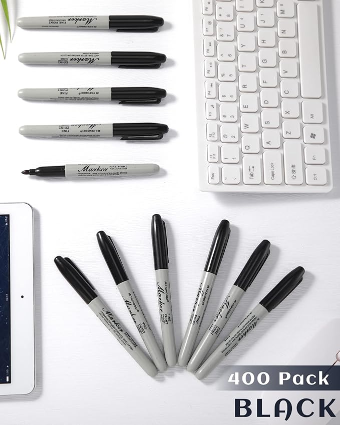 Thenshop 400 Pack Permanent Markers Bulk Black Permanent Marker Set Fine Point Pens Work on Wood, Metal, Stone, Glass-DeskLoop Office