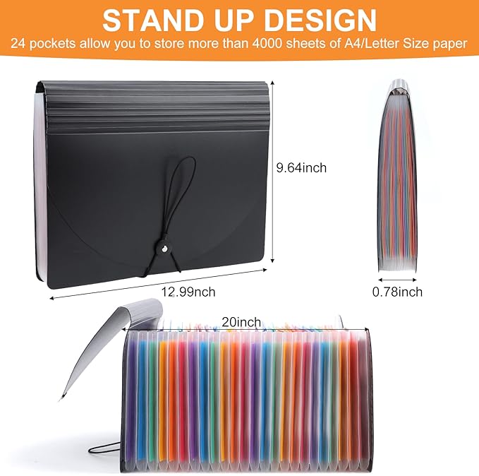 Accordion File Organizer, 24 Pockets Expanding File Folders, Portable Letter A4 Size Filing Box with Colored Labels and Expandable Cover, Monthly Bill Receipt Documents Organizer Black-DeskLoop Office