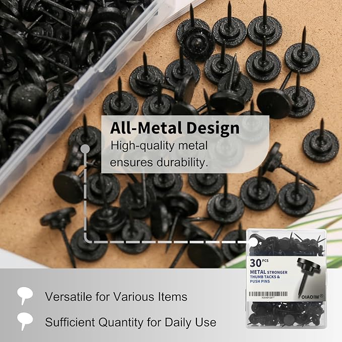 30 PCS Metal Black Push Pins for Wall Clear Thumb Tacks for Walls Flat thumbtacks Push pin for Bulletin Board Shadow Box Display Thumbtack for Cork Board-DeskLoop Office