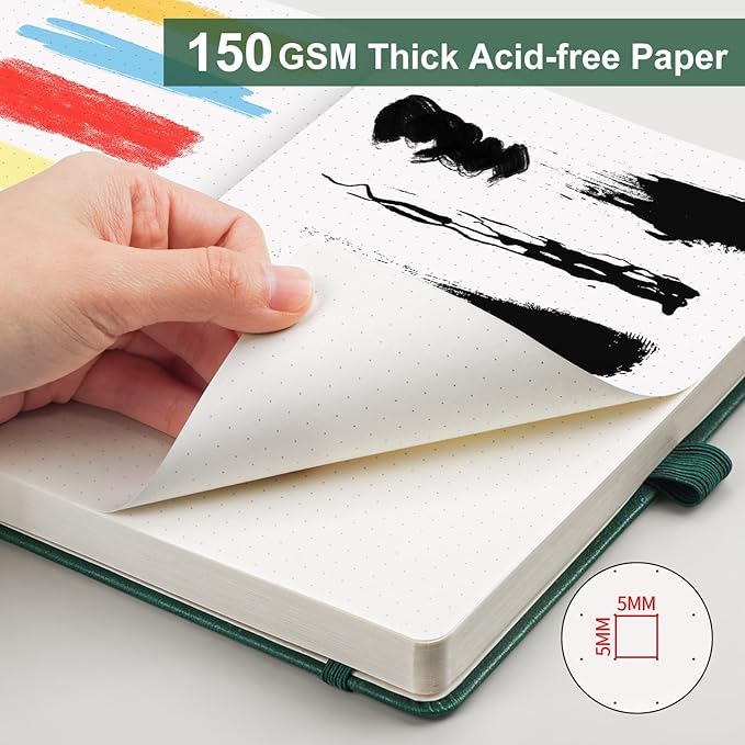 AHGXG Bullet Dotted Journal - 150 GSM Dot Grid Notebook Journal, Thick Acid-Free Paper, A5 Dotted Notebook 128 Pages, Leather Hardcover, Inner Pocket, Journal Stencil, 5.7'' × 8.3'' - Green-DeskLoop Office
