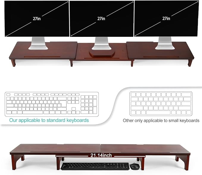 Nnewvante Monitor Stand Riser, Upgrade Height Large TV Riser, 60 inch Large Bamboo Dual Monitor Stand for Desk, 3 Shelves Desktop Screen Riser with Adjustable Length Angle for Computer Laptop Walnut-DeskLoop Office
