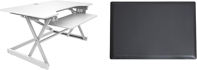 Rocelco 40" Large Height Adjustable Standing Desk Converter with Anti Fatigue Mat BUNDLE - Quick Sit Stand Up Computer Workstation Riser - Retractable Keyboard Tray - White (R DADRW-40-MAFM)-DeskLoop Office