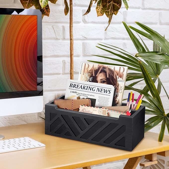 Mail Organizer Mail Holder Countertop with 2 Slots, Wood Mail Basket for Wall Table Desk, Envelope Bill Holder for Home Office Decor (Black-2)-DeskLoop Office