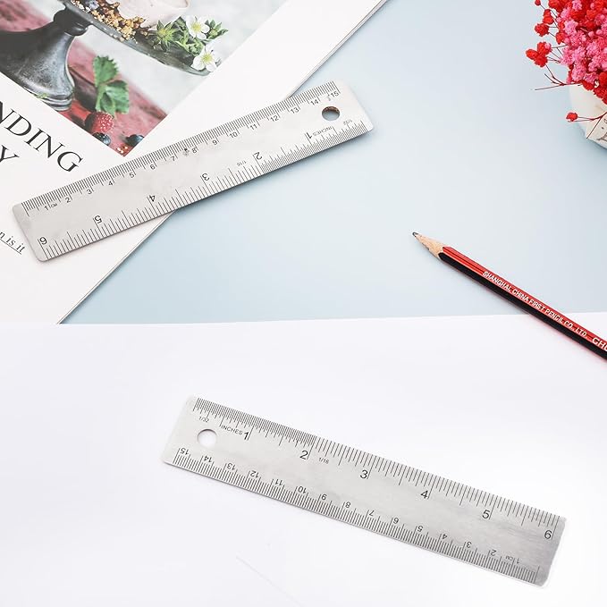 3 Pcs Stainless Steel Ruler 6 Inch Metal Ruler Straight Edge Rulers Non Slip Cork Backed Rulers with Inch and Metric Graduations for School Office Engineering Drawing(6 Inch)-DeskLoop Office