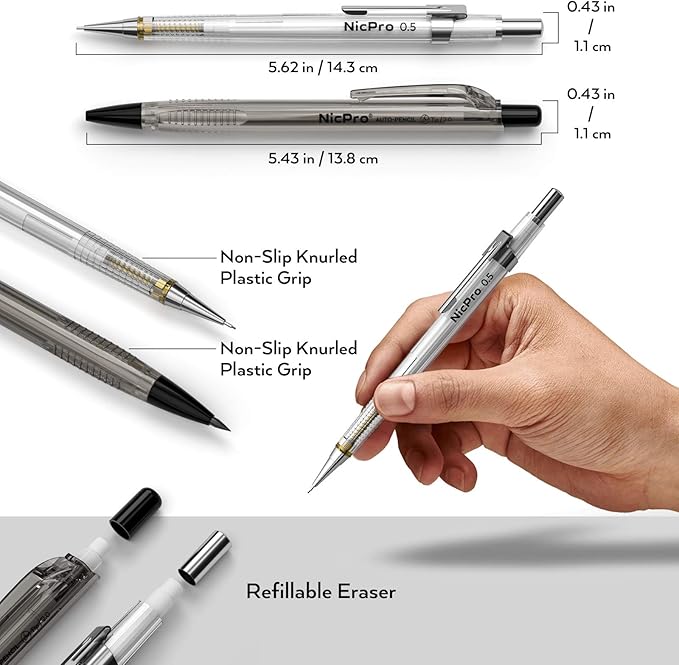 Nicpro 6PCS Art Mechanical Pencil Set, 4PCS Drafting Pencils 0.3 & 0.5 & 0.7 & 0.9 mm & 2PCS 2mm Lead Holder (4B 2B HB 2H) For Writing, Sketching Drawing With 12 Tube Lead Refills Erasers Case-DeskLoop Office