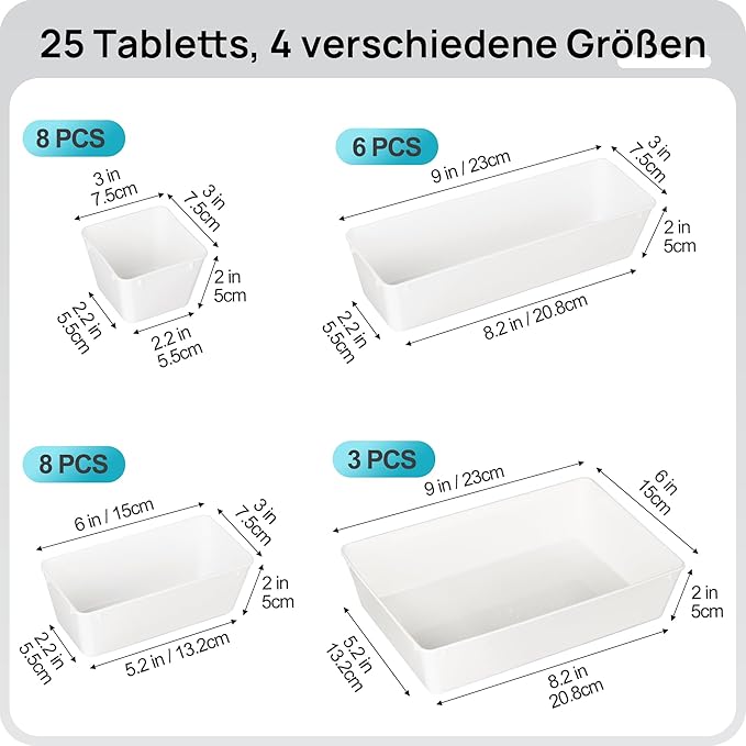 Vtopmart 25 PCS Plastic Drawer Organizers Set, 4-Size Versatile Bathroom and Vanity Drawer Organizer Trays, Storage Bins for Makeup, Bedroom, Kitchen Gadgets Utensils and Office-DeskLoop Office
