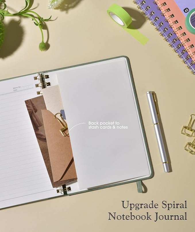 Lined Spiral Journal Notebook, A5 Hardcover Spiral Journals for Women Men, 150 Numbered Pages Spiral Bound Notebook, 100 GSM College Ruled Notebooks for Writing Note Taking 5.75" x 8.38", Sage Green-DeskLoop Office