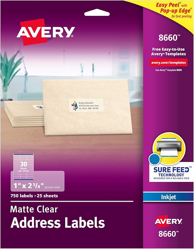 Avery Matte Clear Address Labels, Sure Feed Technology, Inkjet, 1" x 2-5/8", 750 Labels, 5 Packs (8660)-DeskLoop Office