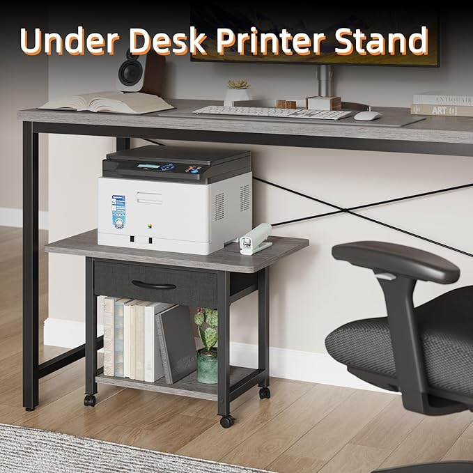 22"x15" Large Printer Stand with Storage Drawer, 2-Tier Under Desk Printer Table for Home Office, Printer Cart fit Fax Machine/3D Printer/Scanner(Gray)-DeskLoop Office