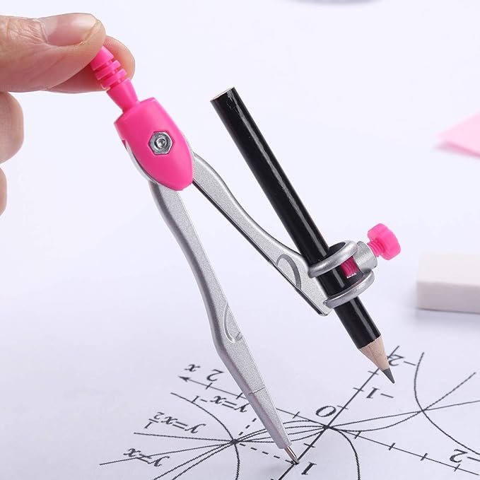 Math Geometry Kit Sets 10 Piece Student Supplies with Shatterproof Storage Box,Includes Rulers,Protractor,Compass,Eraser,Pencil Sharpener,Lead Refills,Pencil,for Drafting and Drawings(Pink)