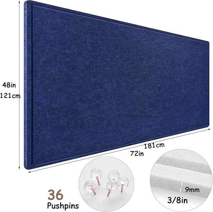 Large Bulletin Board, 72x48 Inches Cork Board Alternative, Large Felt Board Decorative Pin Board for Wall, Foldable Photo Board Self-Adhesive Vision Board with 36 Pushpins Dark Blue-DeskLoop Office