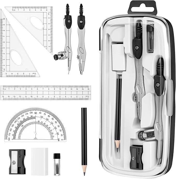 Zonon Math Geometry Set 10 Pcs Student Supplies with Shatterproof Storage Box, Includes Rulers Protractor Compass Pencil Sharpener Lead Refills Eraser Pencil for Drafting and Drawings (Black)-DeskLoop Office