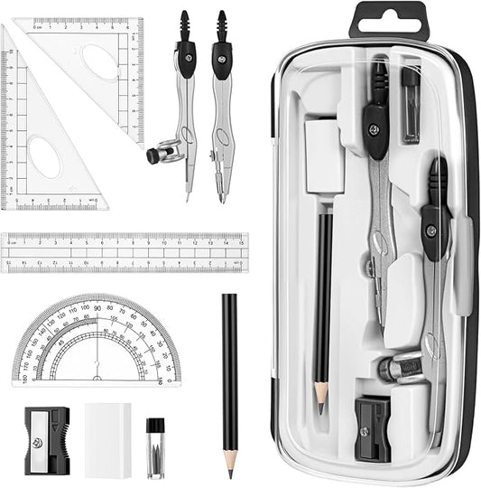 Zonon Math Geometry Set 10 Pcs Student Supplies with Shatterproof Storage Box, Includes Rulers Protractor Compass Pencil Sharpener Lead Refills Eraser Pencil for Drafting and Drawings (Black)-DeskLoop Office