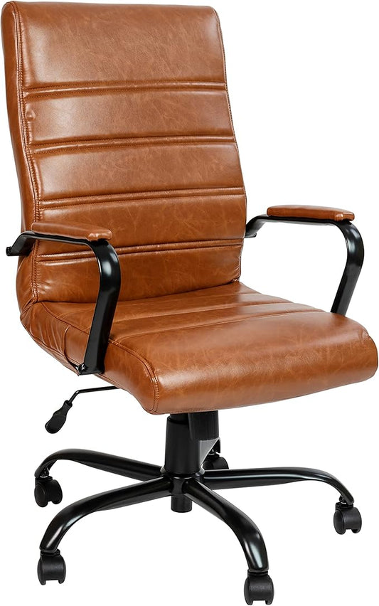 Flash Furniture Whitney High-Back Swivel LeatherSoft Desk Chair with Padded Seat and Armrests, Adjustable Height Padded LeatherSoft Office Chair, Brown/Black Gold-DeskLoop Office