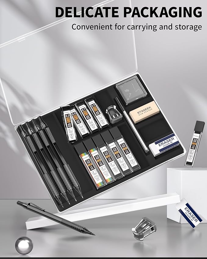 21PCS Metal Mechanical Pencil Set, Art Lead Pencil 0.3, 0.5, 0.7, 0.9, 2mm Holder(HB 2H 2B 4B Color) with 10 Tubes Graphite Lead Refills Eraser with Case for Drafting Drawing Sketching-DeskLoop Office
