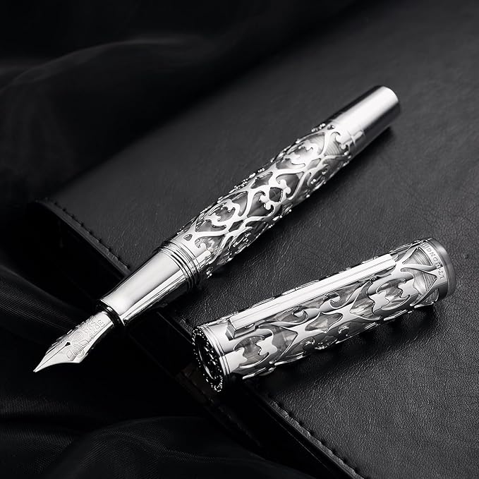 Hongdian D1 Piston Fountain Pen Fine Nib, Hollow Skeleton & Resin with Metal Case Set (Silver)-DeskLoop Office