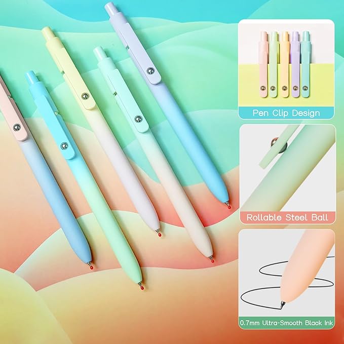 Gel Pens, 10 Pcs Black Ink Pens for Women, 0.7mm Medium Point Smooth Writing Pens with Silicone Grip, High-End Series Metal Clip Retractable Pens for Journaling Note Taking (10 Pcs Pastel)-DeskLoop Office