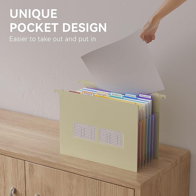 ThinkTex Plastic Expanding Hanging File Folders, 7 Innovative 1.2" Accordion Pockets, Large Capacity, Multi-Color Tabs, Letter Size for Filing Cabinet - Yellow-DeskLoop Office