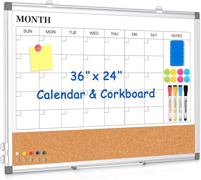 Monthly Calendar Whiteboard Dry Erase Cork Board Combo for Wall, 36" x 24" Magnetic Double-Sided Calendar White Board and Bulletin Board, Portable Board for Office, Kitchen, School, Home-DeskLoop Office