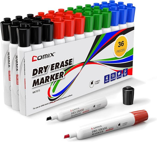 Comix Low Odor Dry Erase Markers, Chisel Tip White Board Markers, 36 Bulk 4 Colors Thick Markers for Kids Teachers-DeskLoop Office