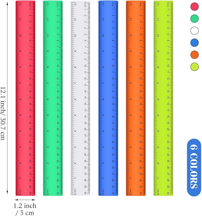 Zonon 6 Pcs 12 Inch Ruler Bulk Colorful Plastic Flexible Straight Metric Rulers with Centimeters and Inches Drafting Measuring Tool for Classroom School Students Education-DeskLoop Office