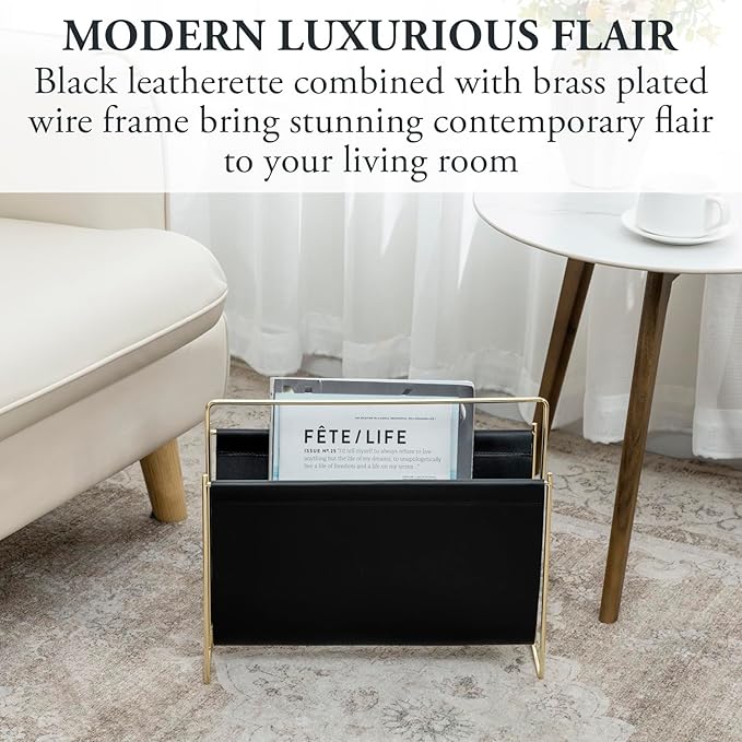 MyGift 15-Inch Modern Black Leatherette & Brass Plated Metal Magazine Holder – Floor Standing Faux Leather Sling Style Newspaper Rack for Home, Bathroom, Office Decor-DeskLoop Office