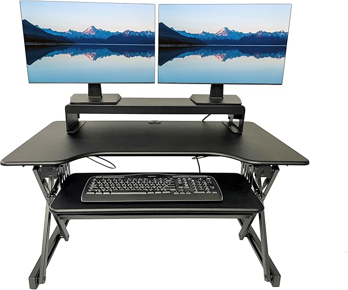 Rocelco 40" Height Adjustable Standing Desk Converter with AC Outlet USB Charger and Dual Monitor Stand - Tabletop Riser Computer Workstation - Sliding Keyboard Tray - Black (R DADRB-40-ACUSB-DMS)-DeskLoop Office