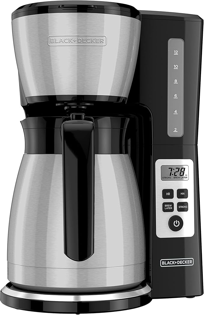 BLACK+DECKER 12 Cup Thermal Programmable Coffee Maker with Brew Strength and VORTEX Technology, Black/Steel-DeskLoop Office