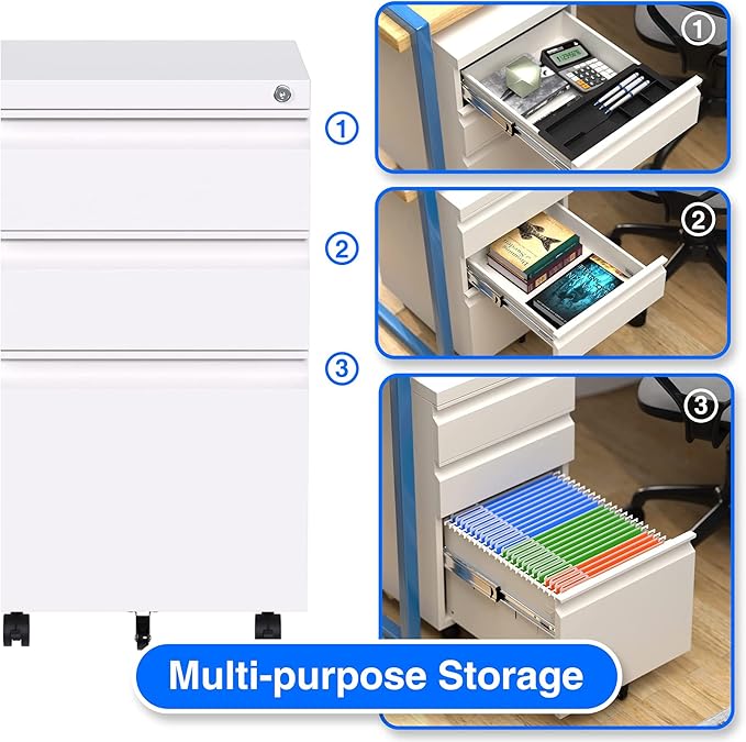 Aobabo 3 Drawer File Cabinet with Lock,Metal Filing Cabinet with Wheels for Home Office & Business Enterprise, Legal/Letter Size, Fully Assembled Except Wheels, White-DeskLoop Office