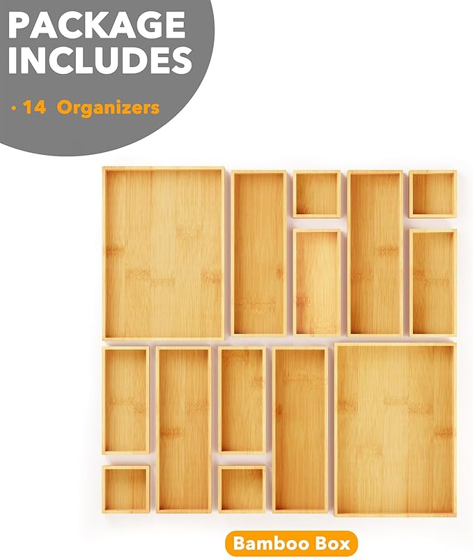 SpaceAid 14-Piece Bamboo Drawer Organizer Storage Boxes Set, Wood Tray Junk Drawer Organizers Multi-Use Divider Bins for Kitchen, Bathroom, Office Desk and Makeup Organization (14 Pack, Natural)-DeskLoop Office