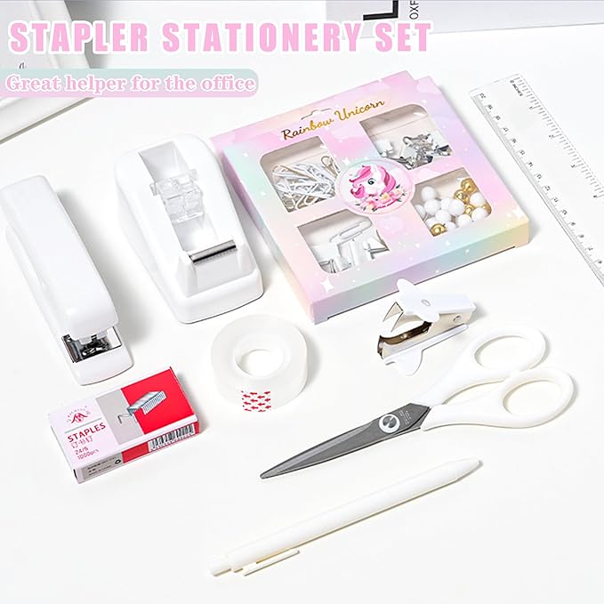 Desk Accessories with Pen Holder, Office Supplies Desk Organizers and Accessories, Tape Dispenser, Stapler, Staple Remover, Staples, Clips Set, Ruler, Scissor, Pen, Tape (White)-DeskLoop Office