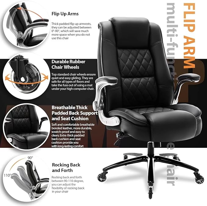 High Back Office Chair- Flip Arms Adjustable Built-in Lumbar Support, Executive Computer Desk Chair Work Chairs, Thick Padded Strong Metal Base Quiet Wheels, Ergonomic Design for Back Pain-DeskLoop Office
