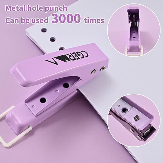 Single Hole Puncher, 1/4" Hole, 50% Labor Savings, Heavy Duty Metal Punch, 15 Sheet Capacity, for ID Cards, Chipboard, Art Project, Crafts Easy Punching, Purple-DeskLoop Office