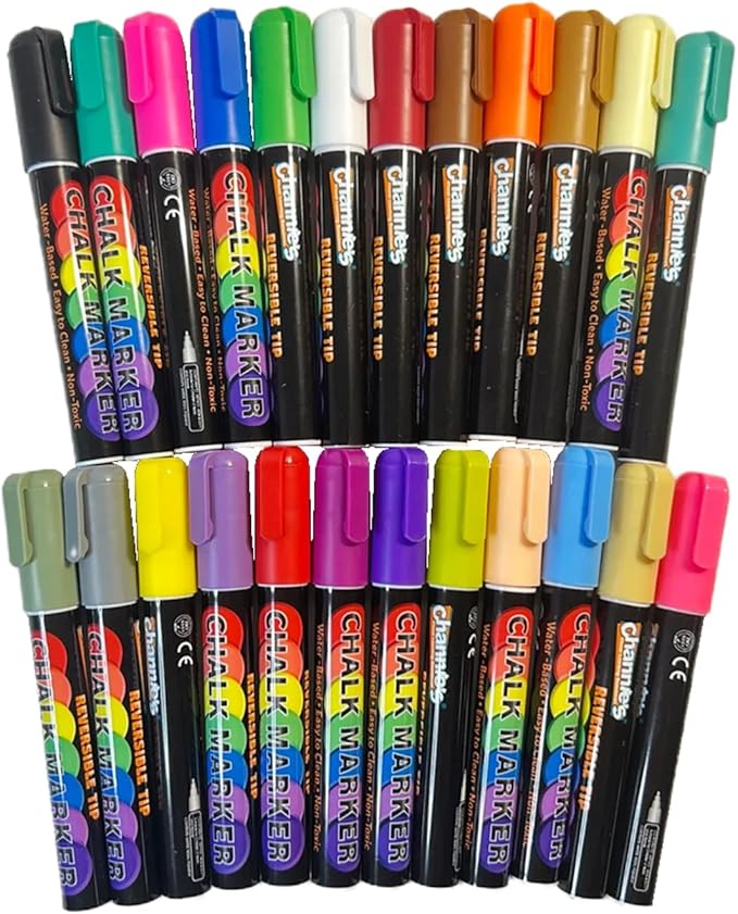 Channie's Liquid Chalk Markers, 24 Vibrant Colors, Dual-Tip Reversible Chisel & Round Tips, Works on Chalkboards, Glass, Mirrors & More, Easy to Wipe Off, Includes Labels & Tweezers-DeskLoop Office