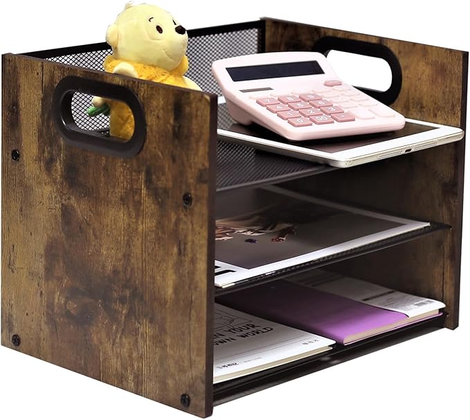 Wood Desk Organizer - 3-Tier Desktop File Organizer, Wooden Paper Tray, Office Desk Organzier and Accessories for Papers, Mail, Notebooks, Stationery-DeskLoop Office