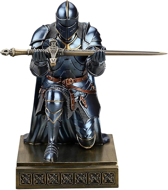 Medieval Armored Warrior Wearing Outerwear, Mobile Phone Stand Knight Pen Holder Desk Organizers, Resin Bookends Paperweight with a Letter Opener for Desk (Blue)-DeskLoop Office