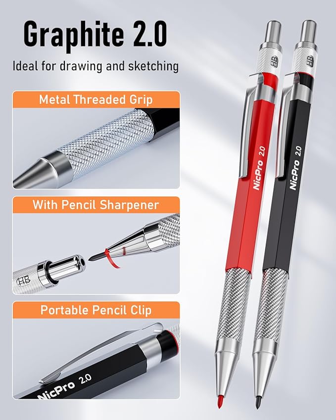 Nicpro 11 Pack Carpenter Pencil Set with Sharpener, Mechanical Carpenter Pencils with 40 Refill, Automatic Center Punch and Carbide Scribe Tool, Heavy Duty Construction Pencil for Architect-With Case-DeskLoop Office