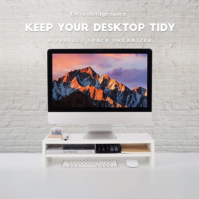 BEYGORM Monitor Stand Riser White, 21.6 inch 2 Tiers Wood Desk Shelf Computer Screen Stand with Storage for Desktop Laptop/Screen/TV/PC/Printer, Desk Shelf Organizer 21.6" L x 7.8" W x 5.2" H-DeskLoop Office