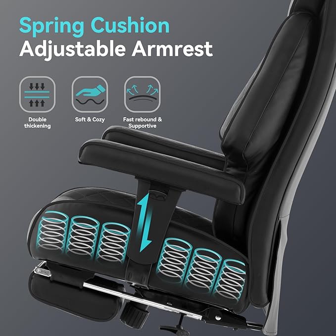 Big and Tall Office Chair with Footrest, PU Leather High Back Executive Office Chair 400lbs, Ergonomic Computer Chairs Lumbar Support for Heavy People (All Black)-DeskLoop Office