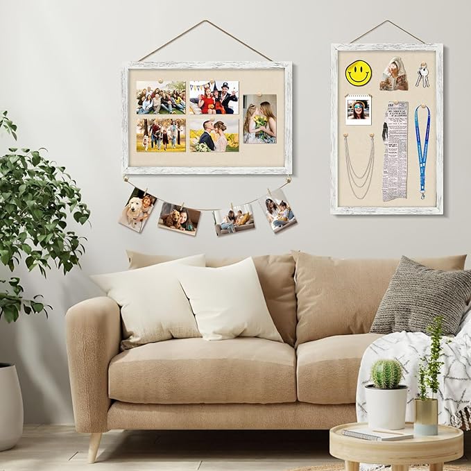 Egofine Cork Board Bulletin Board with Linen, 16x11 Wood Frame Pin Board, 2 Pack Cork Boards for Walls, Vision Board Hanging horizontal or Vertically for Office Home Decor School Kitchen, Rustic White-DeskLoop Office