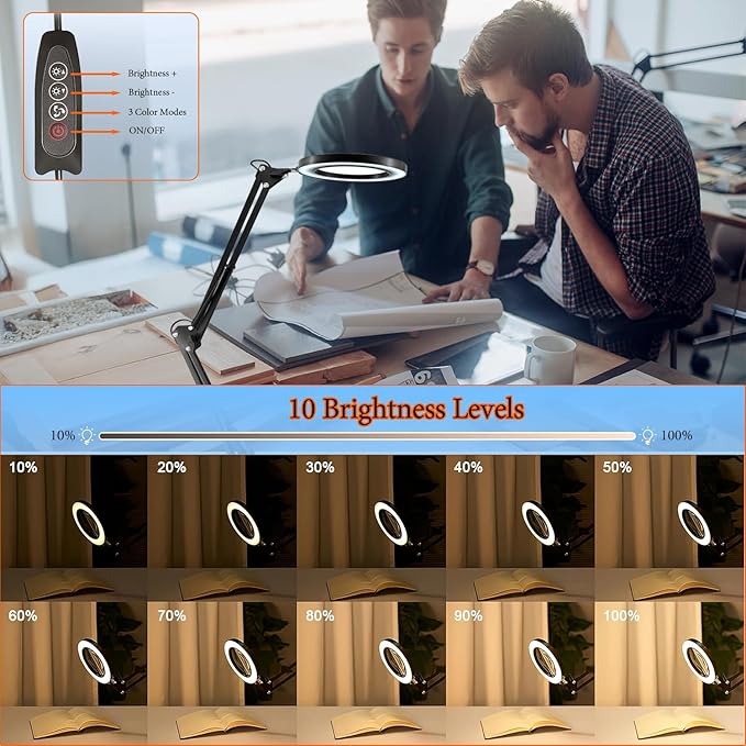 15X Magnifying Glass Lamp with Clamp and Stand, 72 LEDs Desk Lamp with 3 Color Temperatures and 10 Levels Adjustable Brightness for Diamond Art Accessories Hobbies Crafts Reading Close Work Magnifier-DeskLoop Office