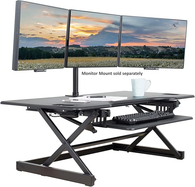 Rocelco 46" Large Height Adjustable Standing Desk Converter - Quick Sit Stand Up Triple Monitor Riser - Tall Gas Spring Assist Computer Workstation - Retractable Keyboard Tray - Black (R DADRB-46)-DeskLoop Office