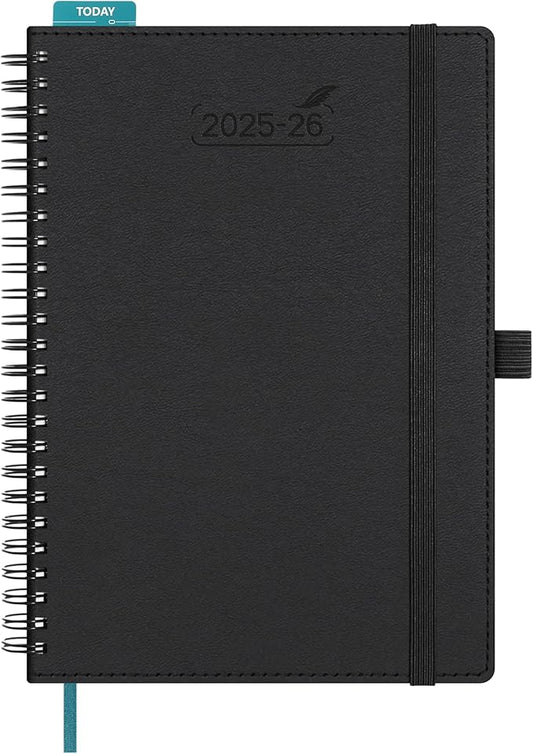 BEZEND Planner 2025-2026 Weekly and Monthly, 5.8" x 8.5" Academic Calendar (Jul 25-Dec 26) Vertical Daily Appointment with Hourly Timeslot & Monthly Tab, Spiral, PU Leather Softcover - Black-DeskLoop Office