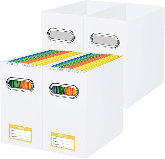 BALEINE File Organizer Box, Cardboard File Folder Organizer with Handle for Letter Size, Portable Collapsible Hanging Filing Box for Home Office Document Storage (4 Pack, White)-DeskLoop Office