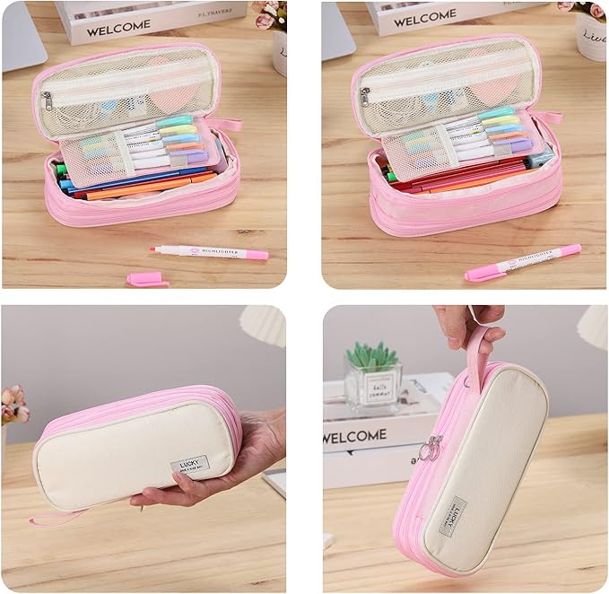 Big Pencil Case Zipper Pencil Pouch Organizer Large Capacity Pen Bag with Handle Portable for Girls Kids Adults Gift Pen Case for School Home Office Light-pink-DeskLoop Office
